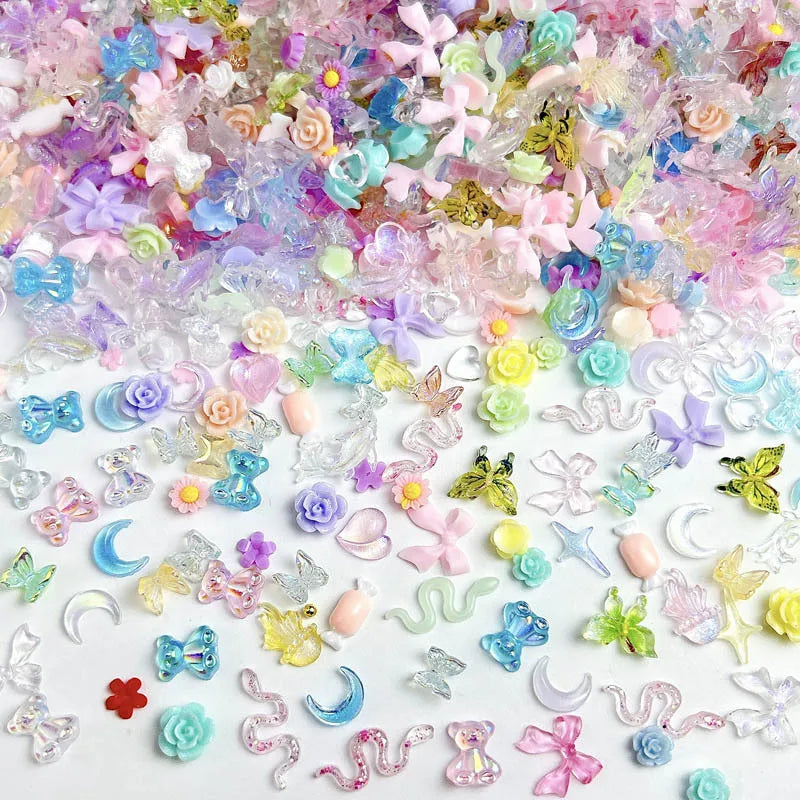 100PCS Random Mixed Strawberry Flowers Nail Charms Sweet Resin