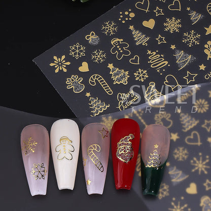 2pcs Gold Silver Christmas 3D Nail Stickers Reflective Glitter Xmas