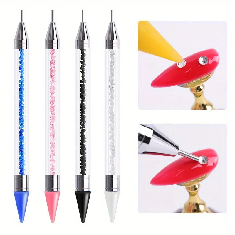 2Pcs set of manicure double-ended diamond pens with crayons stainless