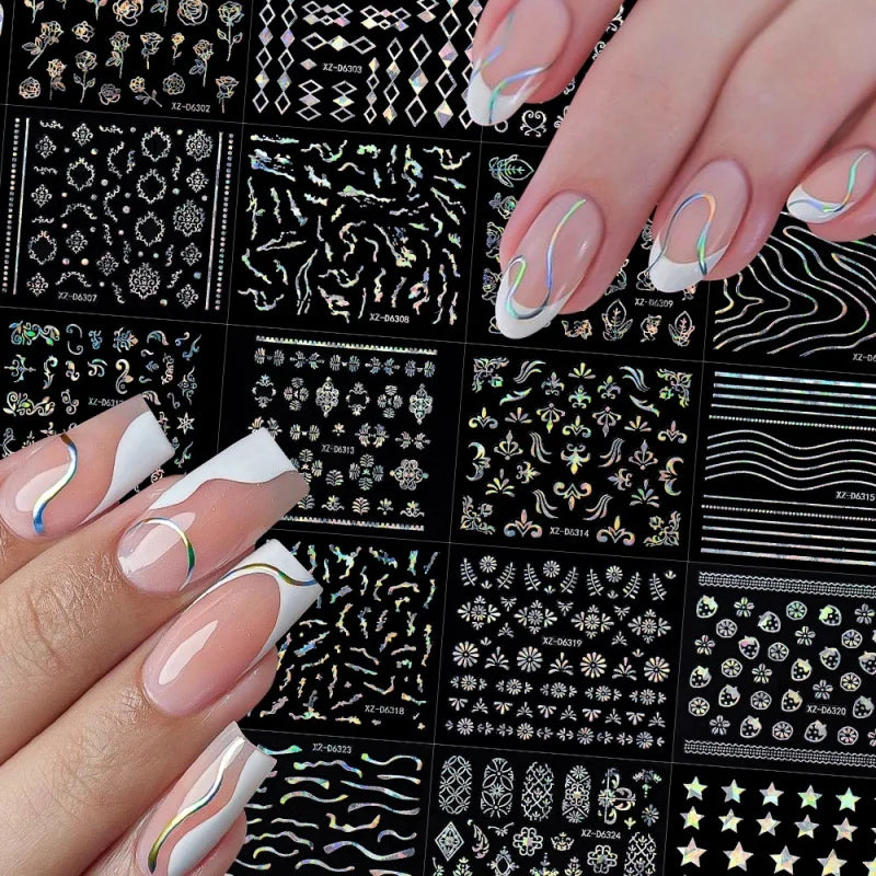 6/30Pcs Nail Stickers 3D Laser Gold Retro French Line Flower Art