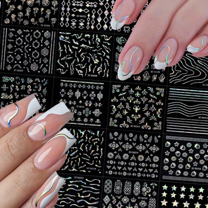 6/30Pcs Nail Stickers 3D Laser Gold Retro French Line Flower Art
