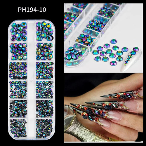 12Grids SS6-SS30 Mixed Nail Rhinestones Shiny Clear/Gold/Pink/Blue