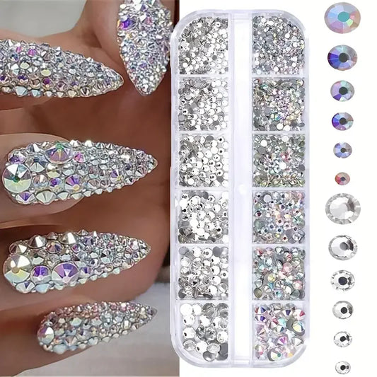 Boxed 3D Flat Back Nail Rhinestones Nail Gems Glass AB & Clear Crystal