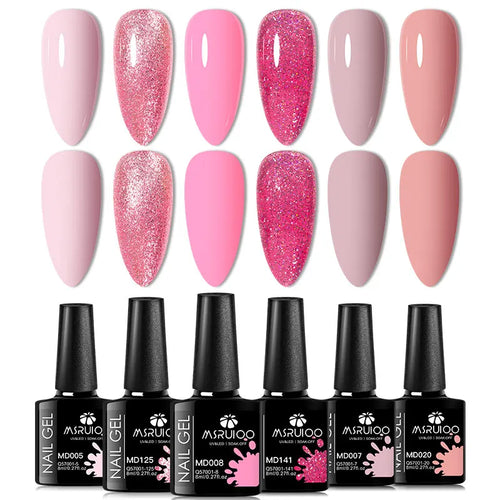 6pc All-season Gel Nail Polish Set Nude Pink Red Glitter Semi