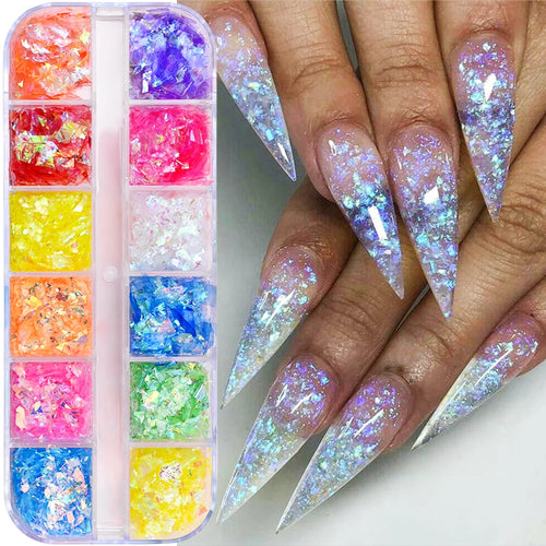 12Grids Ocean Gold Nail Art Charms Shell/Seahorse/Starfish White Half