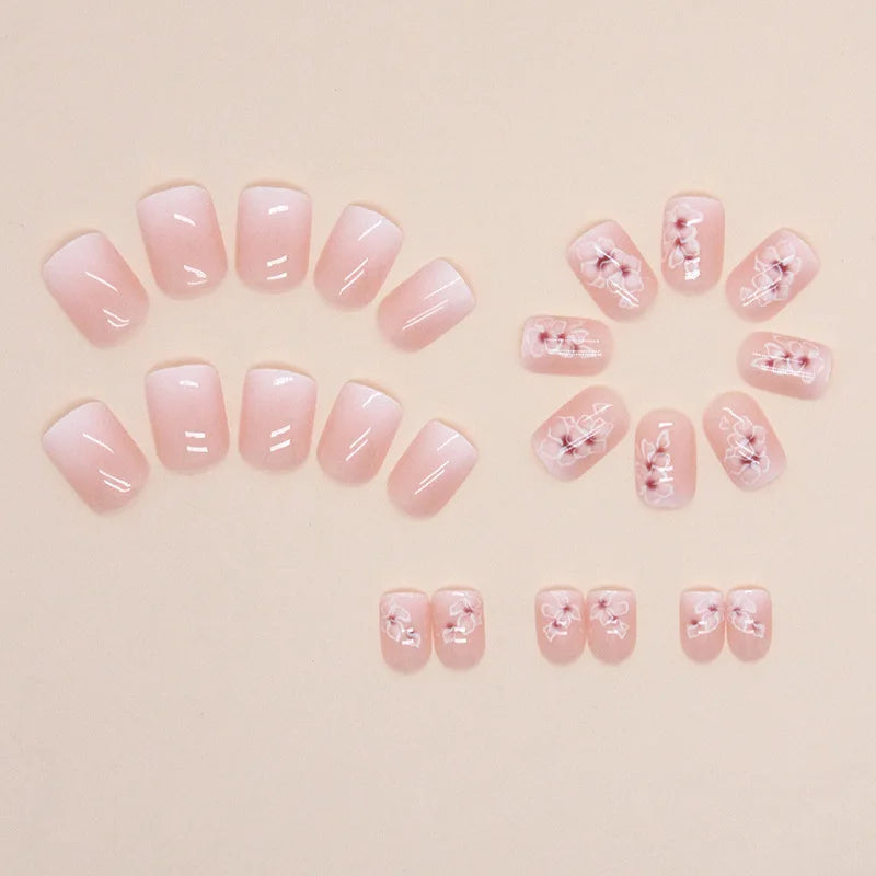 24 PCs Short French Simple Gradient Flower Nails with 1 Jelly Glue and