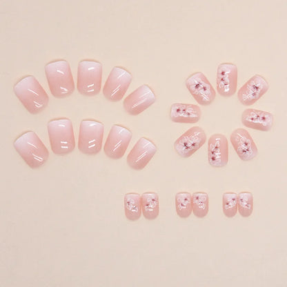 24 PCs Short French Simple Gradient Flower Nails with 1 Jelly Glue and