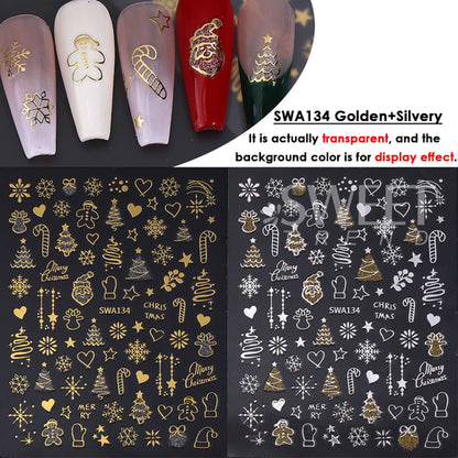 2pcs Gold Silver Christmas 3D Nail Stickers Reflective Glitter Xmas