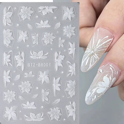 3D White Flower Nail Art Stickers Cute Floral Adhesive Sliders Acrylic