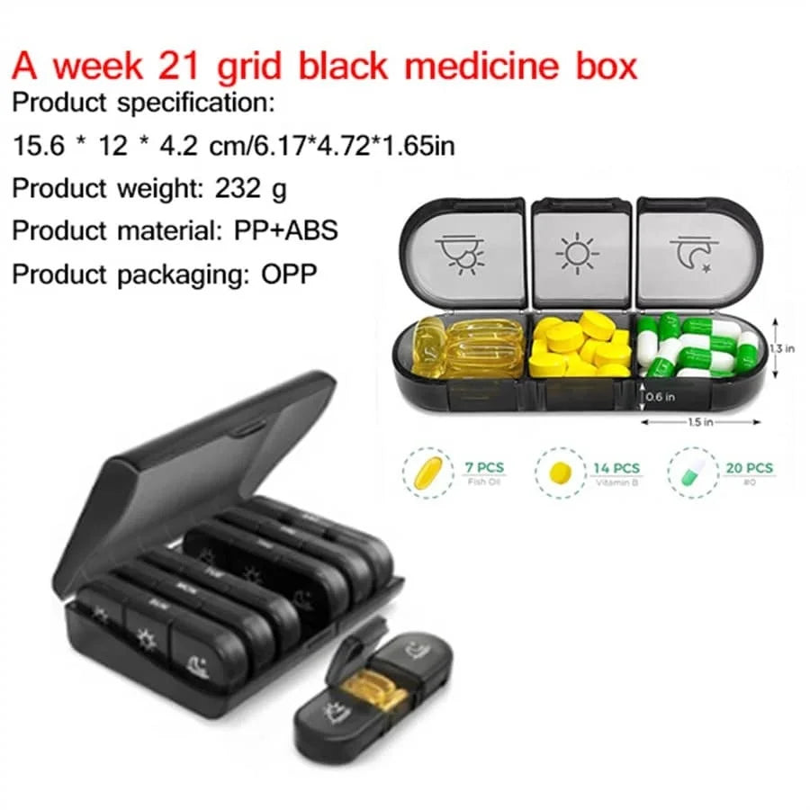 Weekly 21/3 Grids Pill Box Medicine Organizer Black Plastic Storage