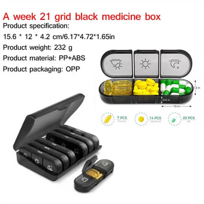 Weekly 21/3 Grids Pill Box Medicine Organizer Black Plastic Storage